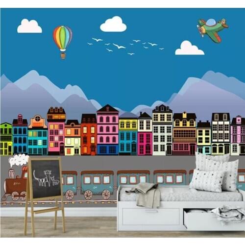 Custom 3d wallpaper fashion cartoon house airplane hot air balloon bedroom background wall decoration silk waterproof material