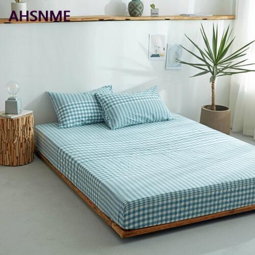 AHSNME Gradient light blue plaid 100% Cotton sheets Super Soft parure de lit Cool Summer Simple Water Fitted Sheet 200/180/200cm