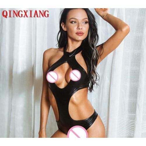 S-XL 2021 Black Red Faux Leather Open Bust Motor Biker Halter Bodysuit Hollow Out PU Three Point Back Bandage Sexy Jumpsuit