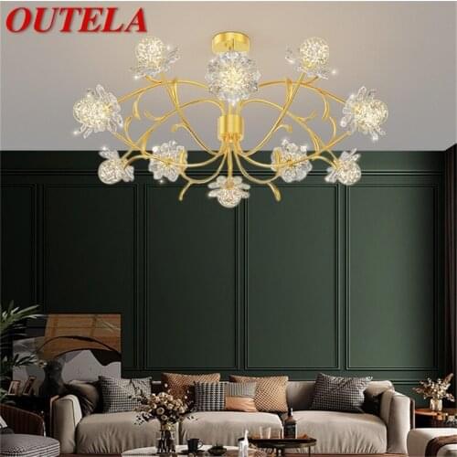OUTELA Creative Chandeliers Light Crystal Gold Modern Pendant Lamp Flower Branch Home LED Fixture for Living Room