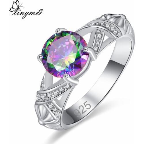 Lingmei New Arrival Round Multi & White Cubic Zirconia Silver ColorRing Size 6-9 Romantic Heart Women Jewelry Gift