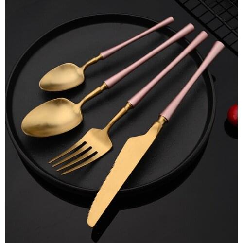 2/4/6Set Matte Western Pink Gold Tableware Fork Knife Spoon 18/10 Stainless Steel Dinnerware Cutlery Set Kitchen Flatware Set