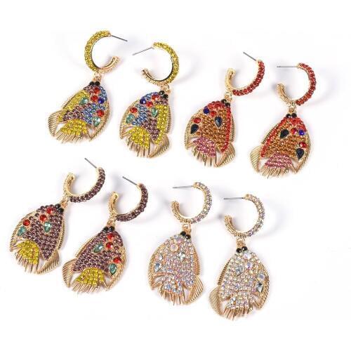 2019 New Women Rhinestones Fish Earrings Trendy Cute Drop Earring Gift Gold Metal Animal Jewelry Wholesale