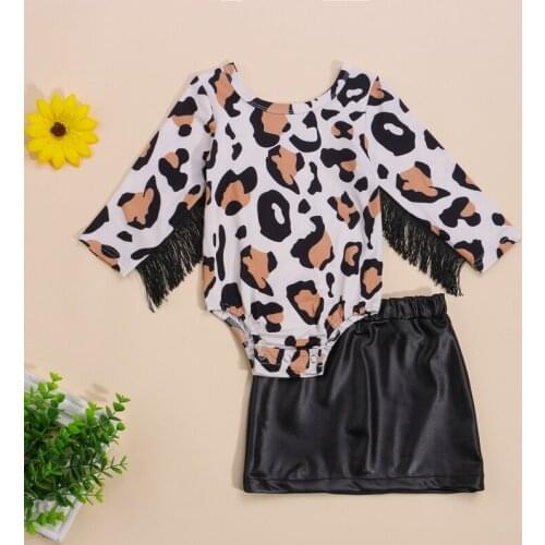 Girls Casual Two-piece Clothes Set Black Solid Color Skirt and Leopard Printed Pattern Romper with Tassels