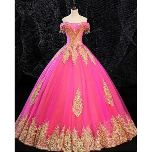 Pink golden embroidery beading tassels collar rococo medieval dress princess Medieval Renaissance Gown Victorian Belle ball