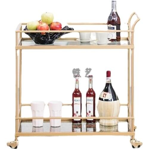 Nordic Retro Iron Art Dining Car Drinks Trolley Hotel Restaurant Mobile Servicer Golden Sideboard Cabinet Wine Glass Holder