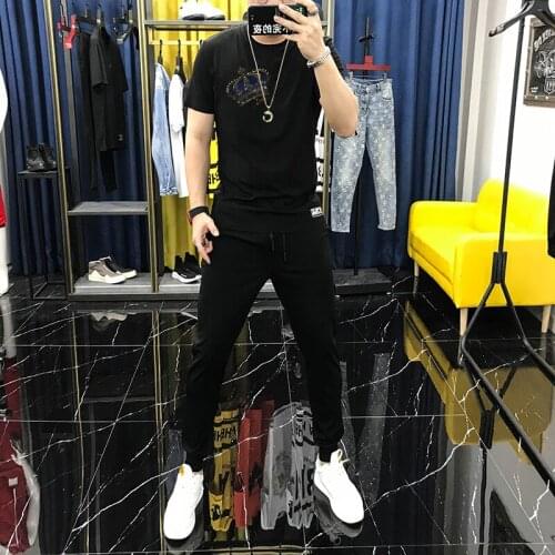 Mens Loose Tracksuit Luxury Designer Hot Diamond Crown Sets Casual Short-Sleeved 2-Piece Jogging Summer T-Shirt