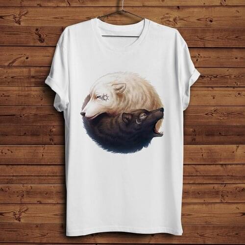 Yin Yang Wolves funny t shirt men 2019 summer new white casual homme cool wolf tshirt