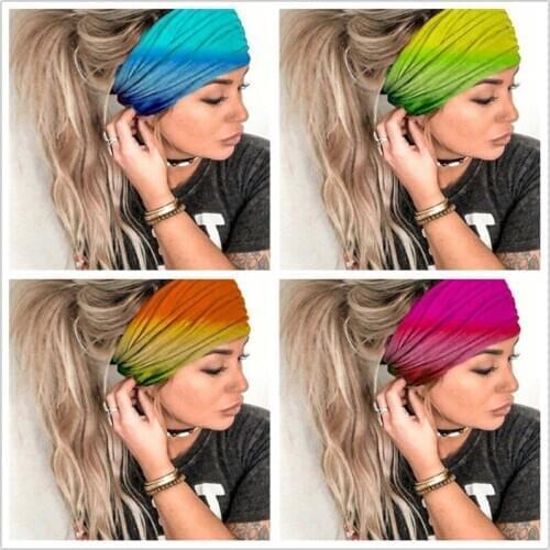 Women Fashion Boho Gradient Color Head Scarf Quick Dry Sport Sweat-absorbent Turban Stretchy Cotton Headband Summer Workout