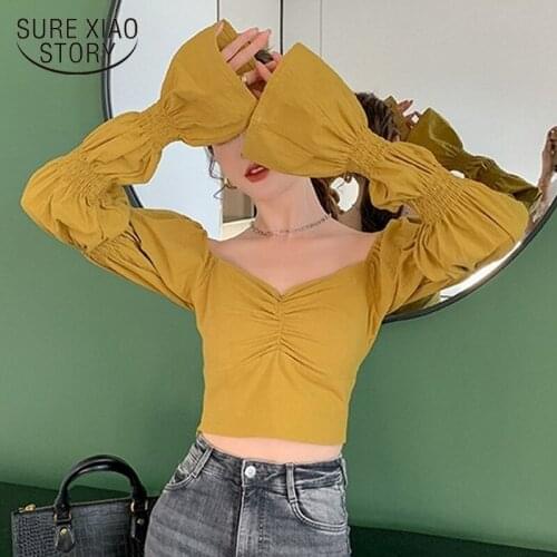 Spring Fashion Vintage Square Collar Flare Sleeve Shirt Women Sky Blue Ginger Yellow Blouse Girls Long Sleeve Crop Tops 13277