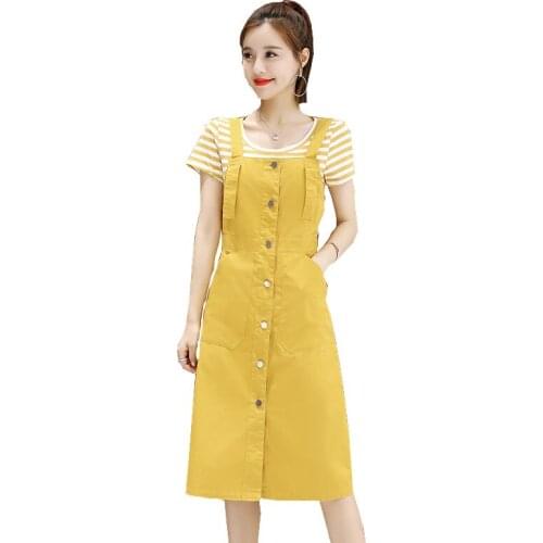 New Style ashion Women Summer Two-piece Suit Round neck Short sleeve Striped T-shirt suspender Solid color Dress Suits OK751