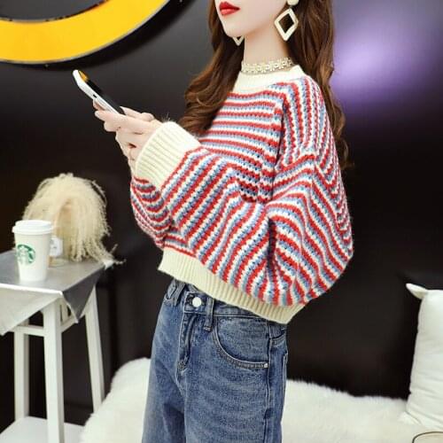 New Women Stripe Knitted Sweater Spring Autumn Vintage Long Sleeve Loose Casual Chic Korean Short Ladies Pullover Top Pull Femme