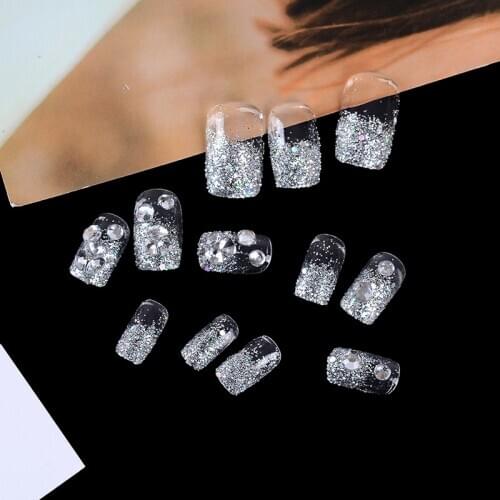 24pcs/Set Pretty Rhinestone Decor Wedding Bride Nail Art Tips Short Design Full Cover Glitter False Nails