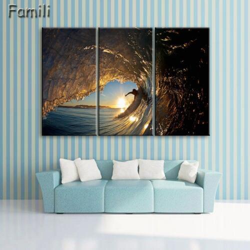 3 Panels Unframed Canvas Photo Prints Sea Surfing Wall Art Picture Canvas Paintings Wall Decorations Artwork Giclee Paintings