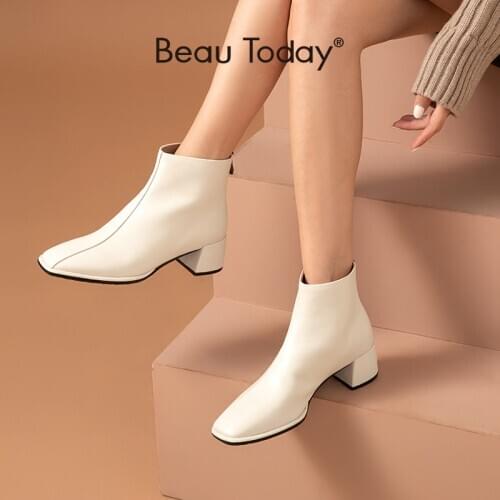 BeauToday High Heel Ankle Boots Women Calfskin Genuine Leather Square Toe Back Zip Fashion Lady Shoes Handmade 03858