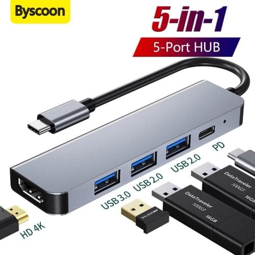 Byscoon Usb C Hub 5 In 1 4K HDMI-Compatible Adapter Type C Hub 3*USB 3.0 PD 3.0 for Laptops MacBook Pro/Air/Huawei Mate
