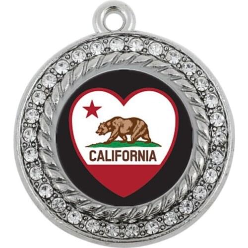 CALIFORNIA HEART FLAG CIRCLE CHARM antique silver plated jewelry