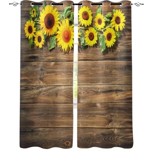 Sunflower Leaves Retro Wood Board Curtains For Living Room Bedroom Window Treatment Blinds Drapes Modern Kitchen Curtains