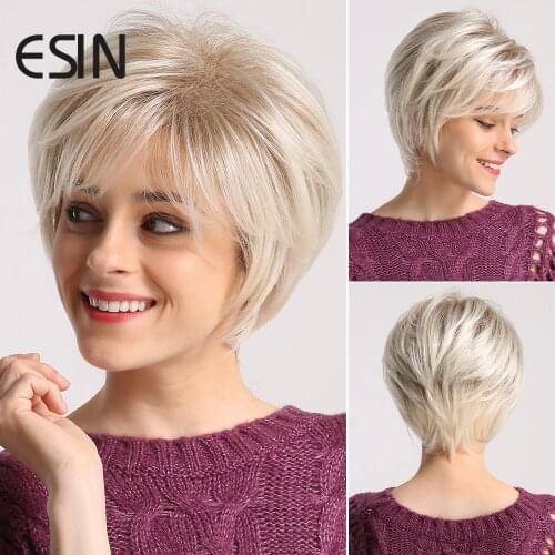 ESIN White Short Hair Comfortable Natural Wig with Bangs Heat Resistant Synthetic Wigs for Women