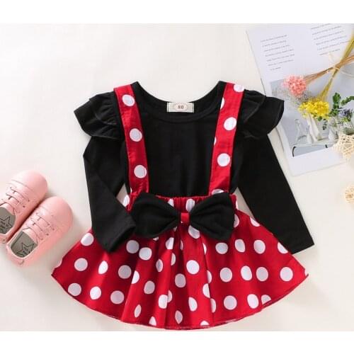 Toddler Baby Girls Ruffles T-shirt Tops+dot Print Suspender Skirts Outfits Sets Kawaii Cute Bowtie Ruffle Dress Vestidos
