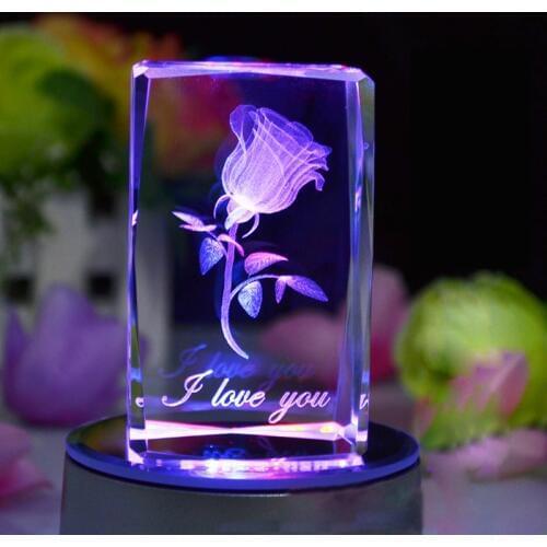 Crystal 3D Cube With Laser Rose with colorful LED Base Crystal Souvenirs for Christmas Gifts