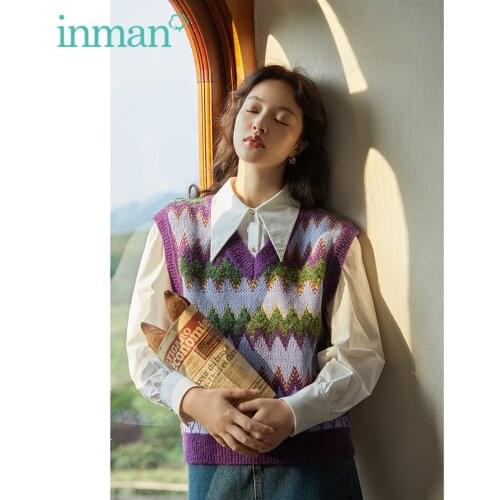 INMAN Autumn Winter Womens Vest Retro Art Style V-Neck Design Color Constrast All-Match Pullover Sleeveless Sweater