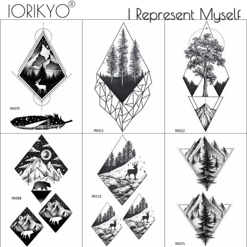 IORIKYO Black Geometric Forest Temporary Tattoo Men Body Art Drawing Tattoo Stickers Women Arm Makeup Pine Tree Fake Tatoos Hill