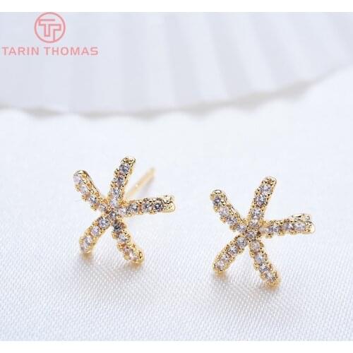 4PCS 10MM 24K Gold Color Plated Brass with Zircon starfish Earring Hooks High Quality Diy Jewelry Findings Accessories