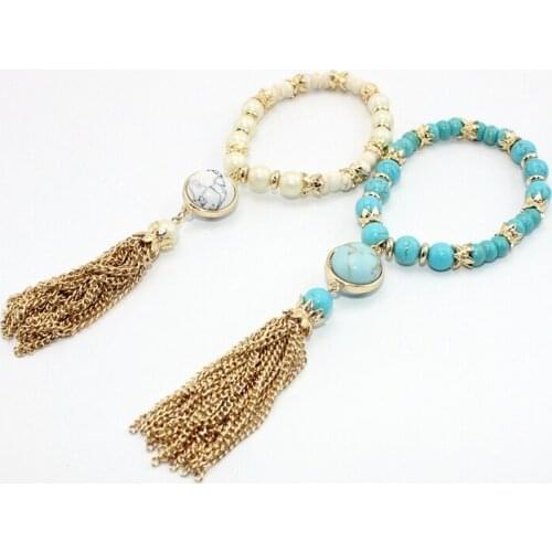 Fashion Strand Elstic White Marble Beaded Stone Tassel Bracelet Bangles for Women Wholesale Jewelry for Girl