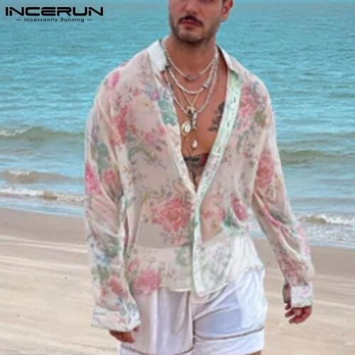 2021 Men Mesh Shirt Printed See Through Vacation Stand Collar Long Sleeve Streetwear Camisas Hawaiian Shirts Men S-5XL INCERUN