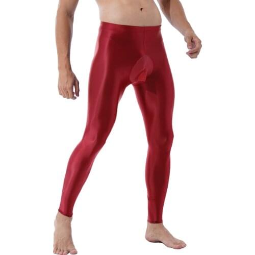 Mens Lingerie Mid Elastic Stretchy Skinny Pants Solid Color Glossy Bulge Pouch Elastic Waistband Tight Leggings Male Clothing