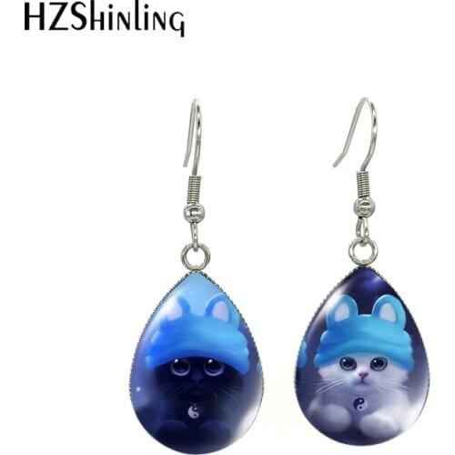 New Arrival Cute Two Cats in Hats Art Tear Drop Fish Hook Earrings Kawaii Kittens Painting Handmade Jewelry Dangle Earrings