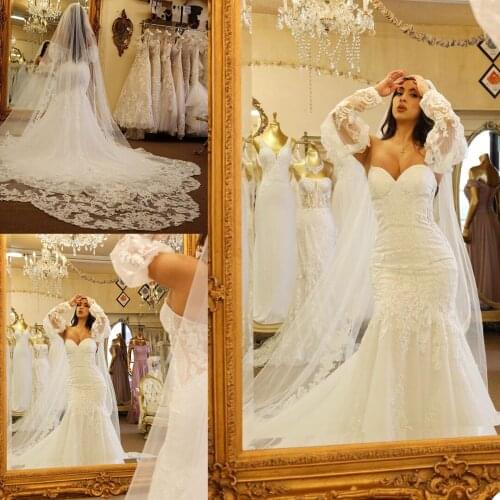 New Arrival Gorgeous Mermaid Wedding Dresses Sexy Sweetheart Neck Lace Appliques Long Sleeve Bridal Gowns Sweep Train Wedding
