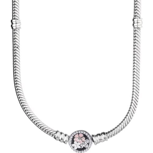 Original Pink Poetic Blooms Clasp With Crystal Snake Chain Necklace For 925 Sterling Silver Bead Charm Pandora DIY Jewelry