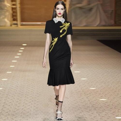 Runway Short Sleeve Embroidered Gold Phoenix Fishtail Dress with Diamond Collar 210623MM02