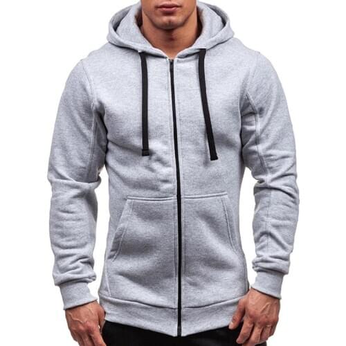Casual Men ZIipped Hooded Sweatshirt Fall Solid Long Sleeve Hoody Gym Hooded Outwear Coat Top