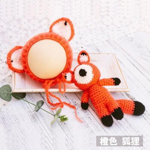 Newborn Photography Props Cartoon Fox Baby Hat Photography Baby Crochet Accessories Handmade Knitted Kids Hat+Fox doll