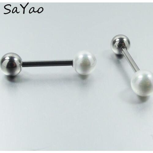 SaYao 1 Piece 14G Stainless Steel Pearl Tongue Ring Ball Tongue Nail Rings Long Barbell Body Piercing Jewelry