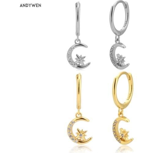 ANDYWEN 925 Sterling Silver Star Moon Drop Earring Pendiente Luxury CZ Zircon Luxury Fashion Fine Jewelry Rock Punk Jewels