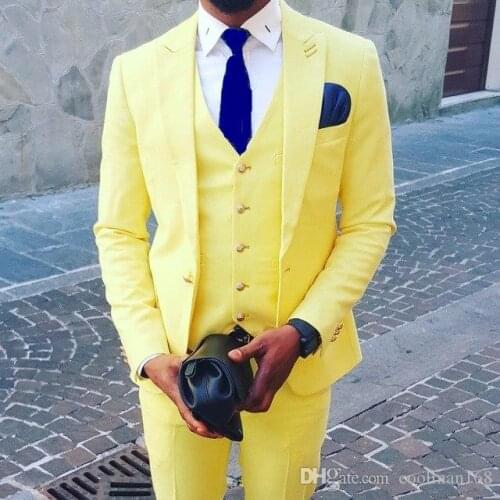 Yellow Groom Tuxedos Peak Lapel Groomsmen Mens Wedding Dress Excellent Man Jacket Blazer 3 Pieces Suit (Jacket+Pants+Vest+Tie)