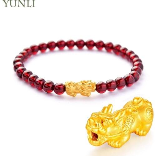 YUNLI Pure 24K 999 Gold Pixiu Bracelet Handmade Elastic Cord Charm Bracelet With Garnet Beads for Women Fine Jewelry Party Gift