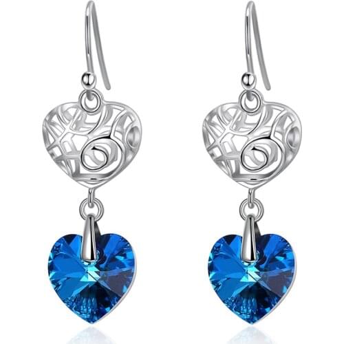 ZEMIOR 925 Sterling Silver Drop Earrings For Women Hollow Heart And Austria Crystal Heart Pendants Earrings Fine Jewelry