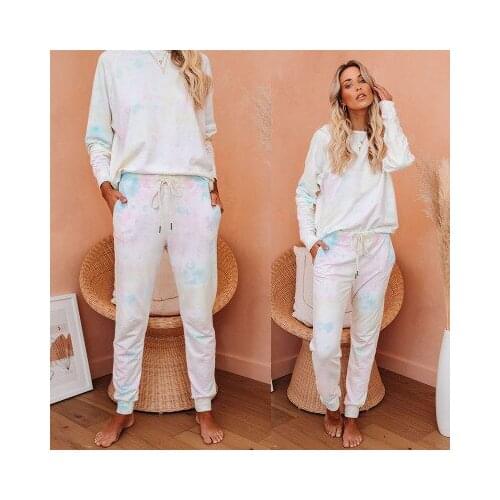 Womens 2 Piece Outfits Casual Color Block Round Neck Long Sleeves Sweatshirt + Elastic Waist Pants Sports Set Tie-dye Casual