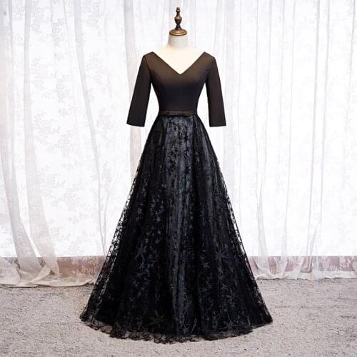 Bespoke Occasion Dresses Illusion V-Neck Half Lace Tulle Embroidery Beading Backless Luxury Black Lady Formal Evening Gown HB174