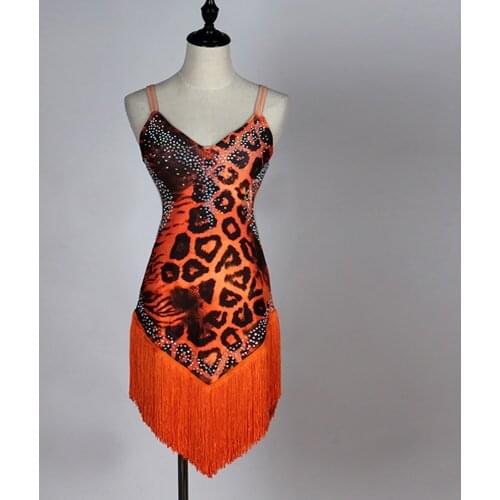 Fantasia Latin Dancing Dress For Ladies Orange Leopard Print Tassel Skirts Woman Professional Superior Ballroom Clothes Q11082