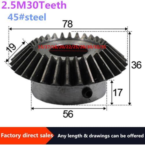 1pc Bevel Gear 2.5M 30Teeth inner hole 15/17/18/20/22 /25/28/30/32/35mm gear 90 degrees meshing angle Steel Gears Screw Hole M6