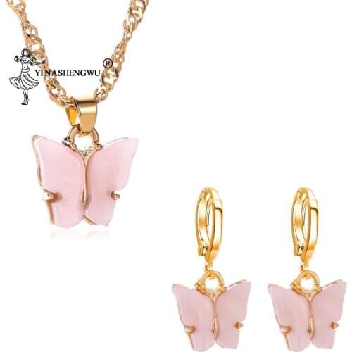 2pcs/set Earring Necklace Fashion Acrylic Butterfly Stud Cute Butterfly Pendant Necklace For Women Colorful Girl Jewelry Gift