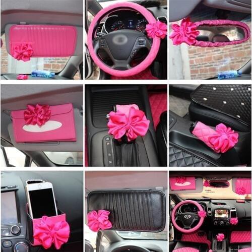 Car Interior Accessories Pink Roseo Red Flower Steering Wheel Cover Neck Rest Pillow Seatbelt Cover Shifter Hand Brake Sets
