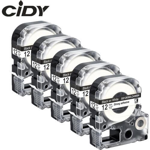 CIDY 5pcs 12mm Black on White SS12KW LC-4WBN LC-4WBN9 LC4WBN compatible label tape for kingjim printer LW300 LW400 LW-600P SR150