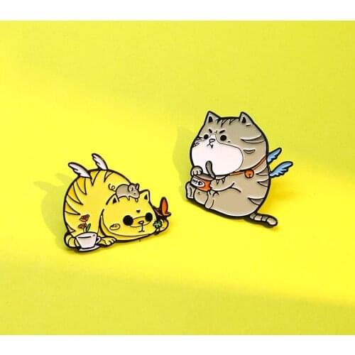 Cartoon Gray Yellow Fat Cat Angel Enamel pin Cute Brooch Bag Clothes Lapel Pin Sasha Away Badge Cartoon Jewelry Gift For People